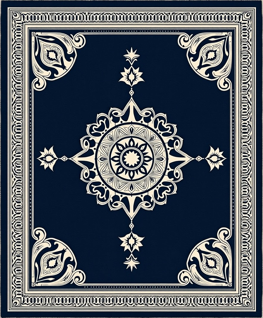 Navy Cream Ornate Medallion Border Rug