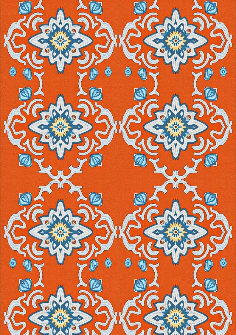 Orange Blue Starburst Floral Medallion Rug
