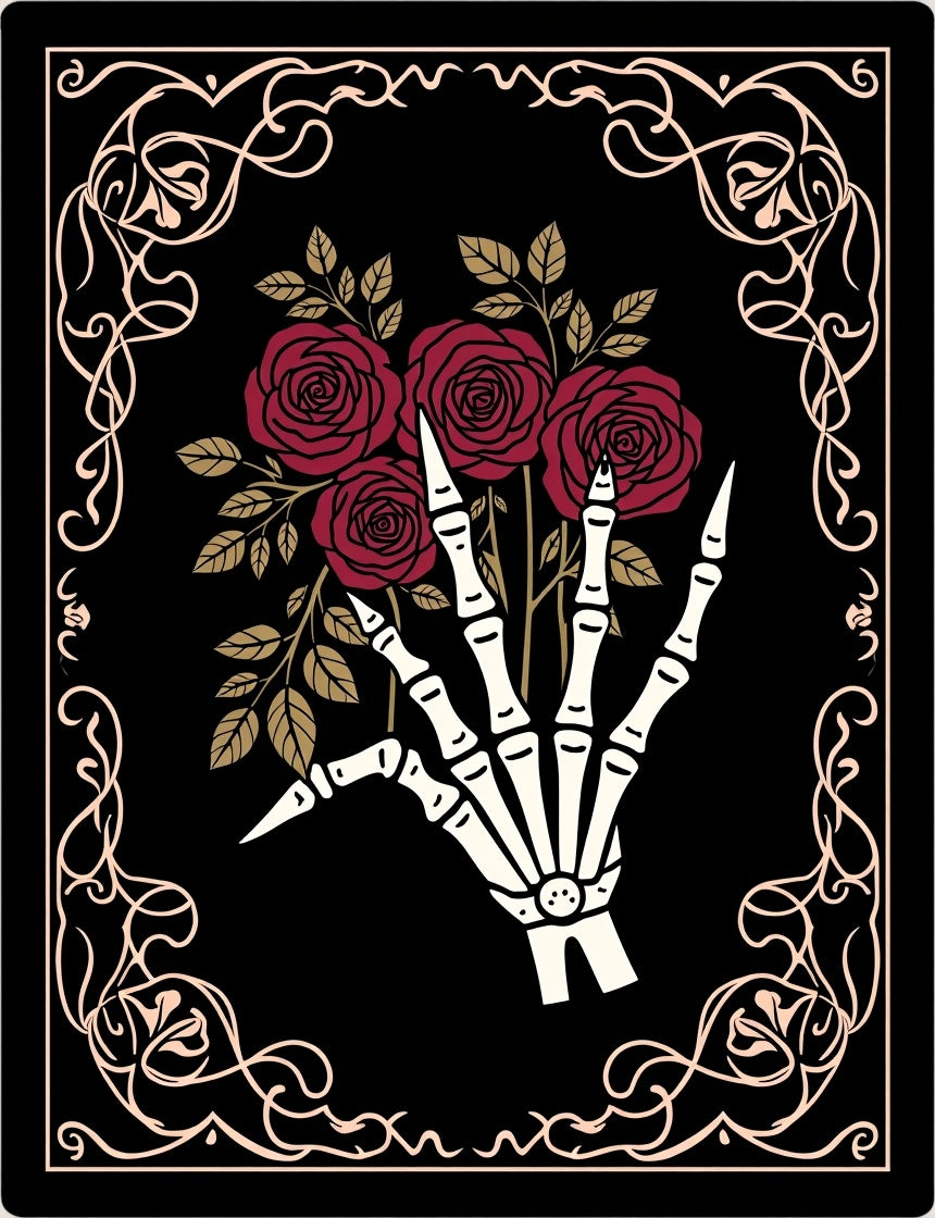 Dark Red Roses Skeleton Hand Frame Rug