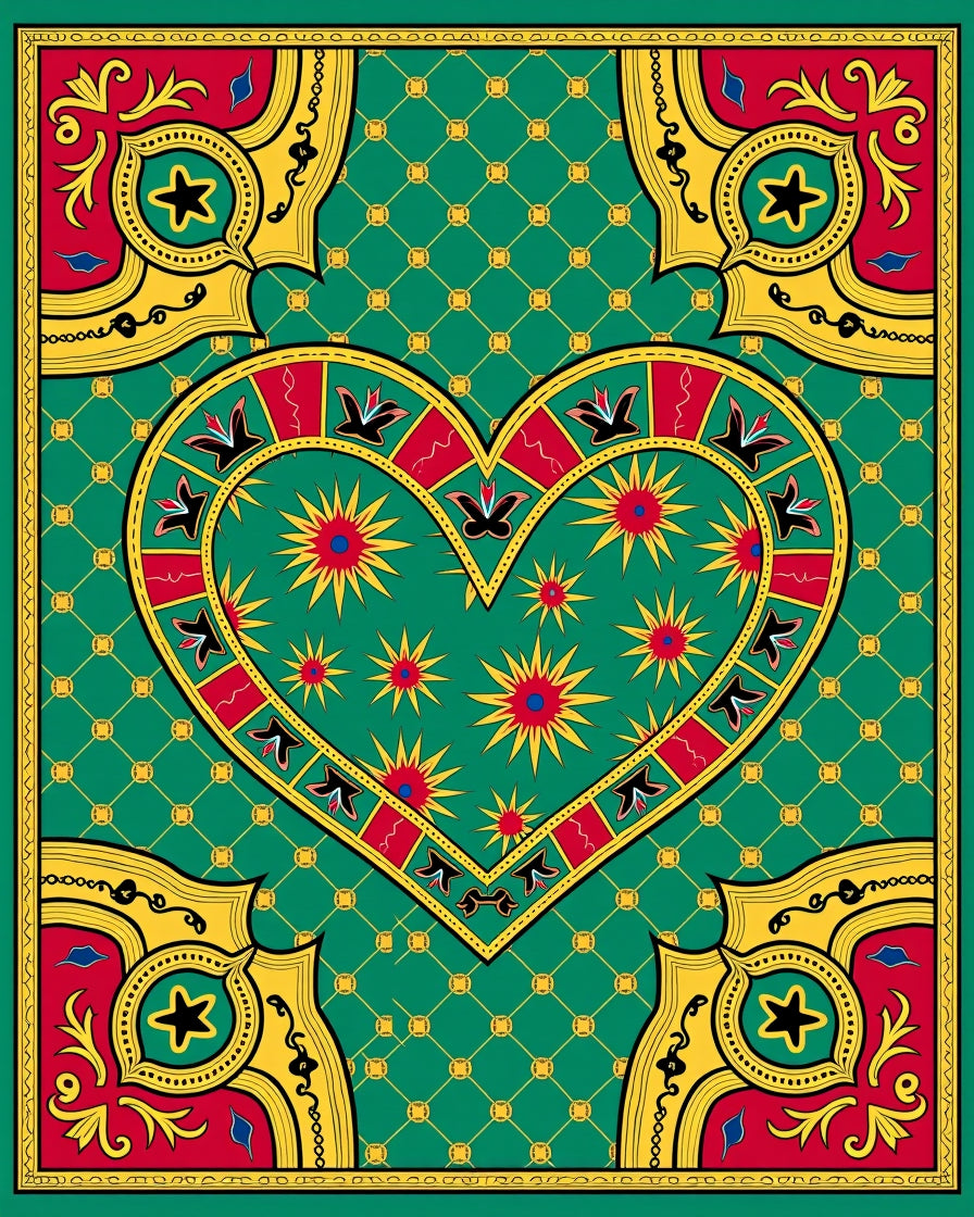 Green Heart Red Yellow Floral Medallion Rug