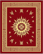 Crimson Sunburst Bordered Abstract Rug