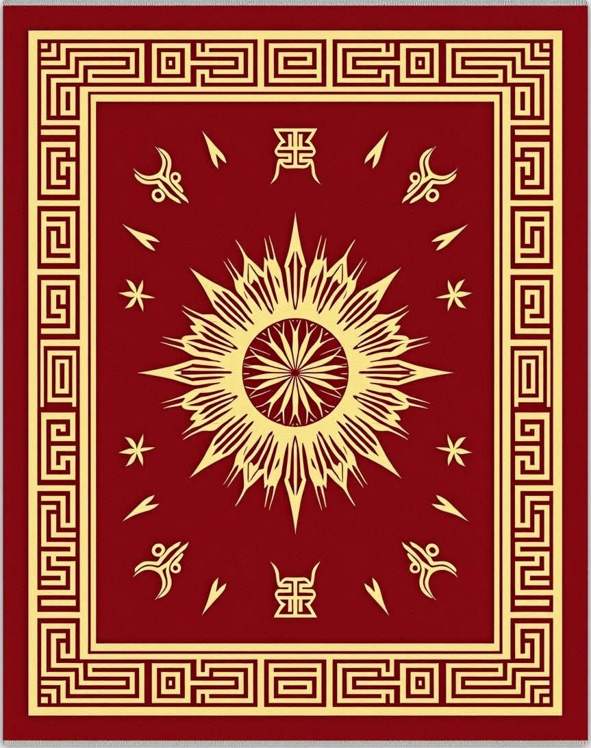 Crimson Sunburst Bordered Abstract Rug