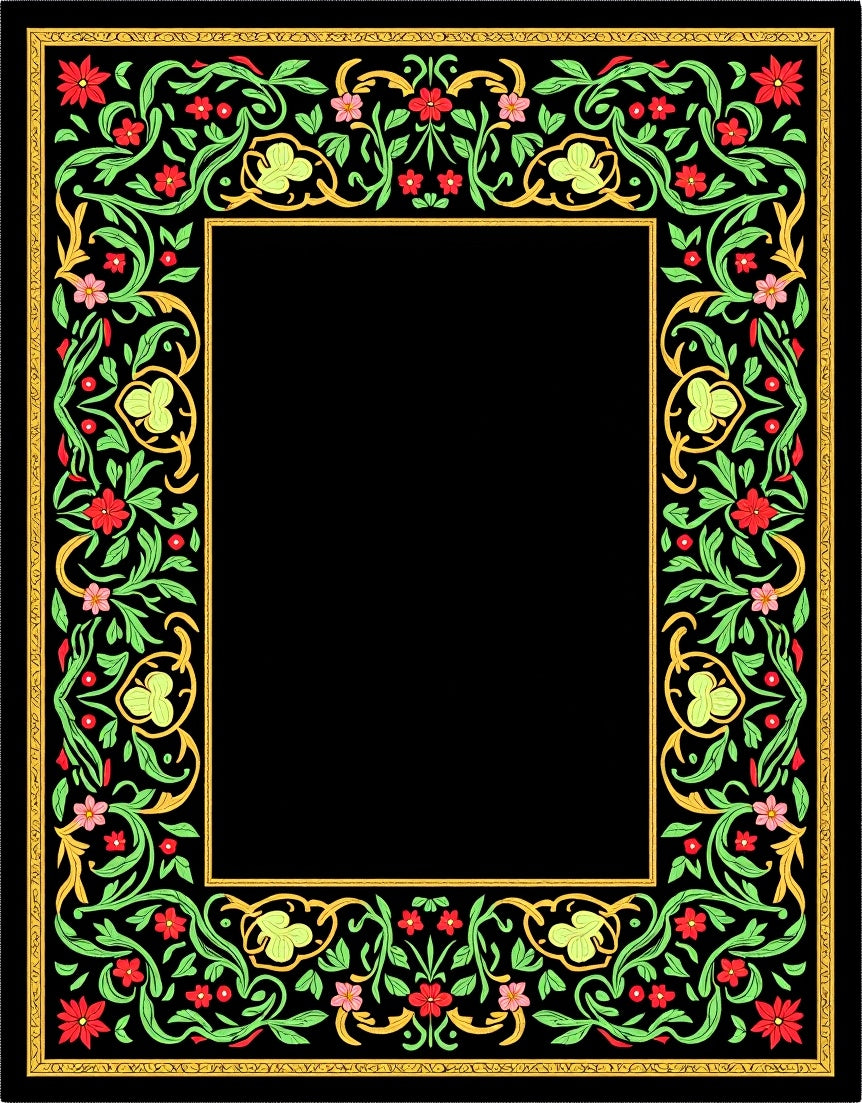 Crimson Green Floral Border Frame Rug