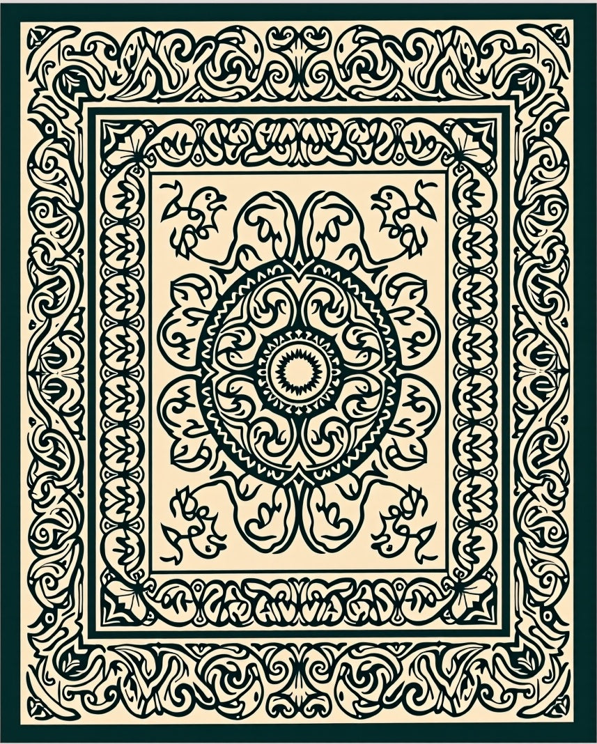 Dark Green Ornate Floral Mandala Rug