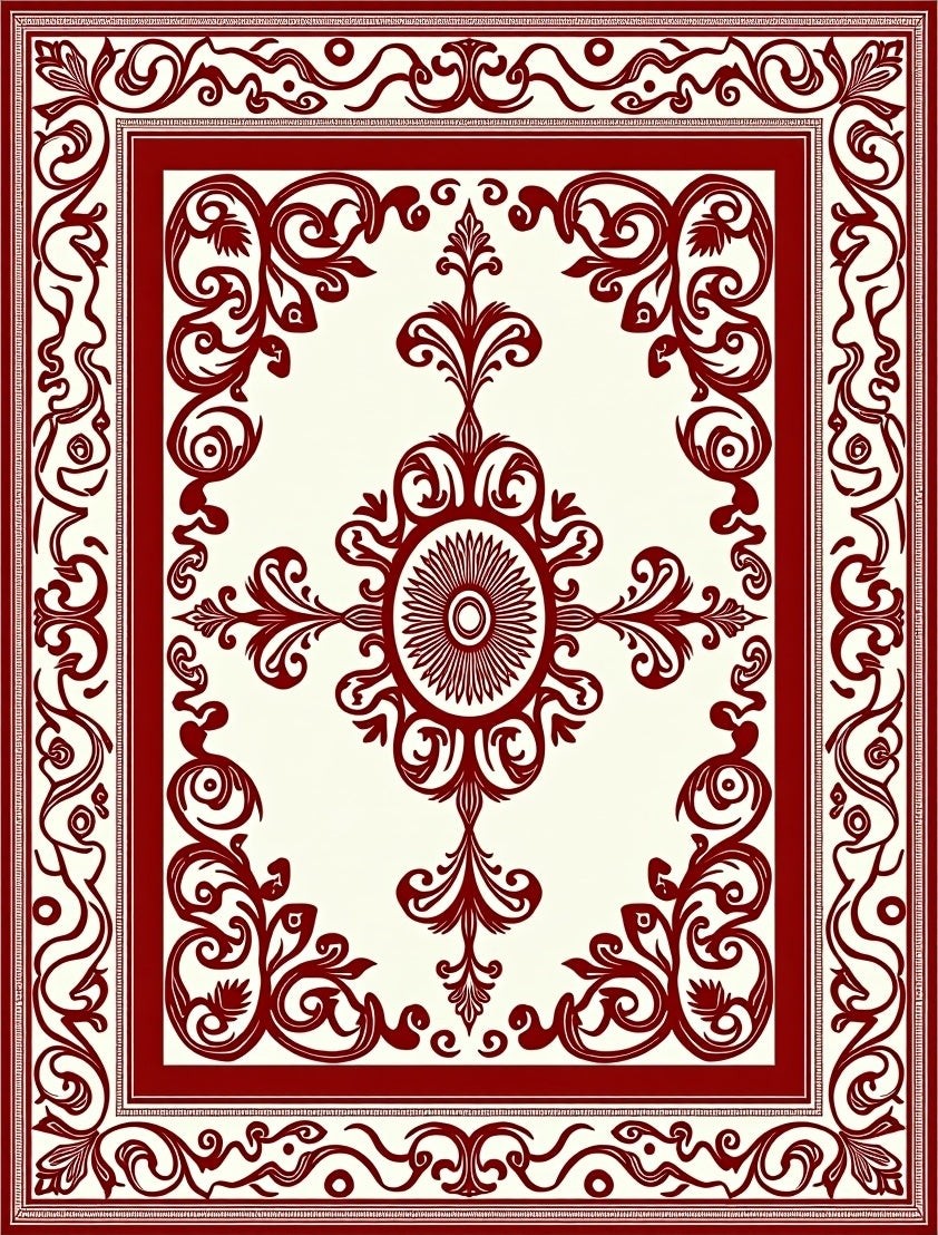 Crimson Ivory Floral Scroll Decorative Rug