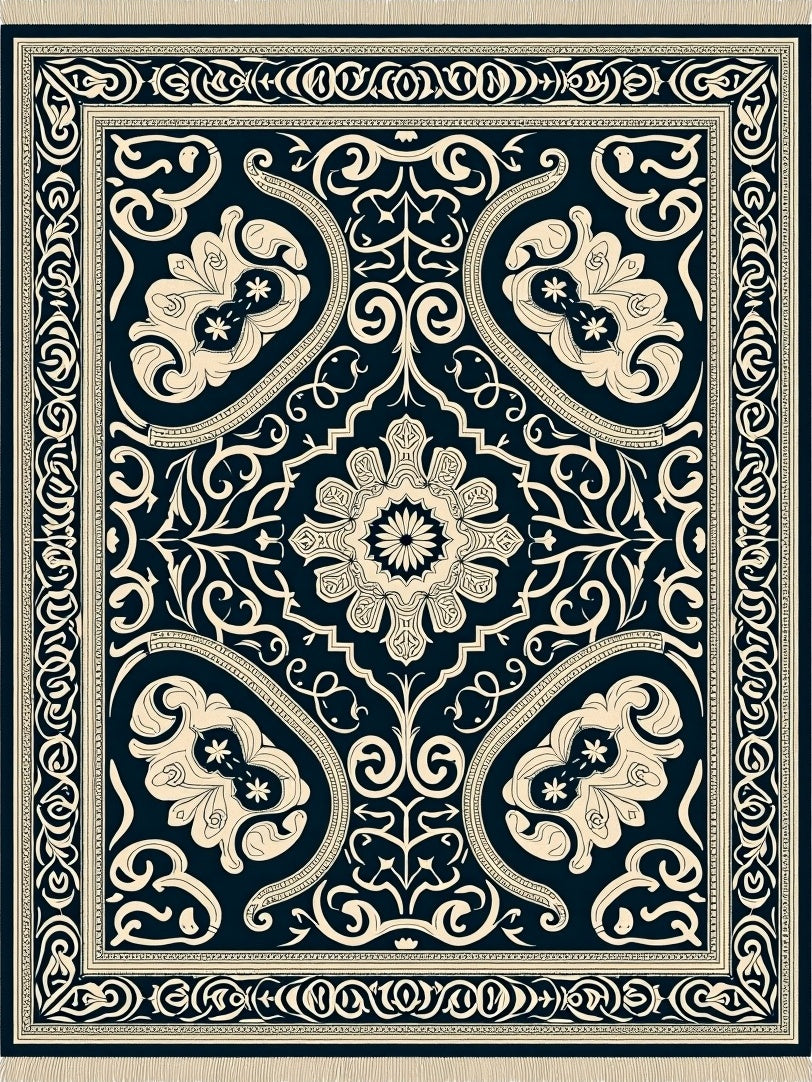 Classic Navy Floral Scroll Medallion Rug