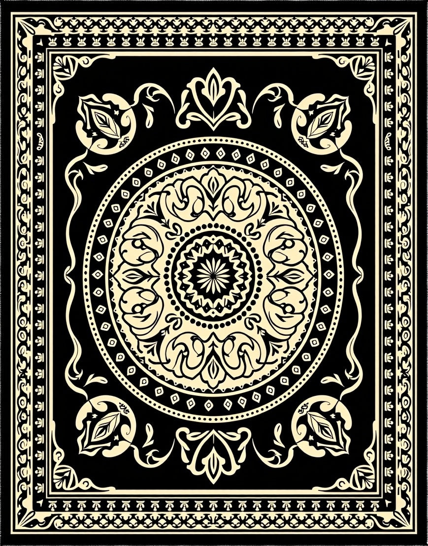 Black Cream Floral Medallion Frame Rug