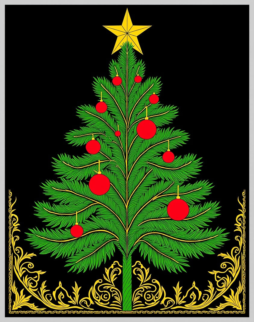 Festive Green Christmas Tree Golden Border Rug