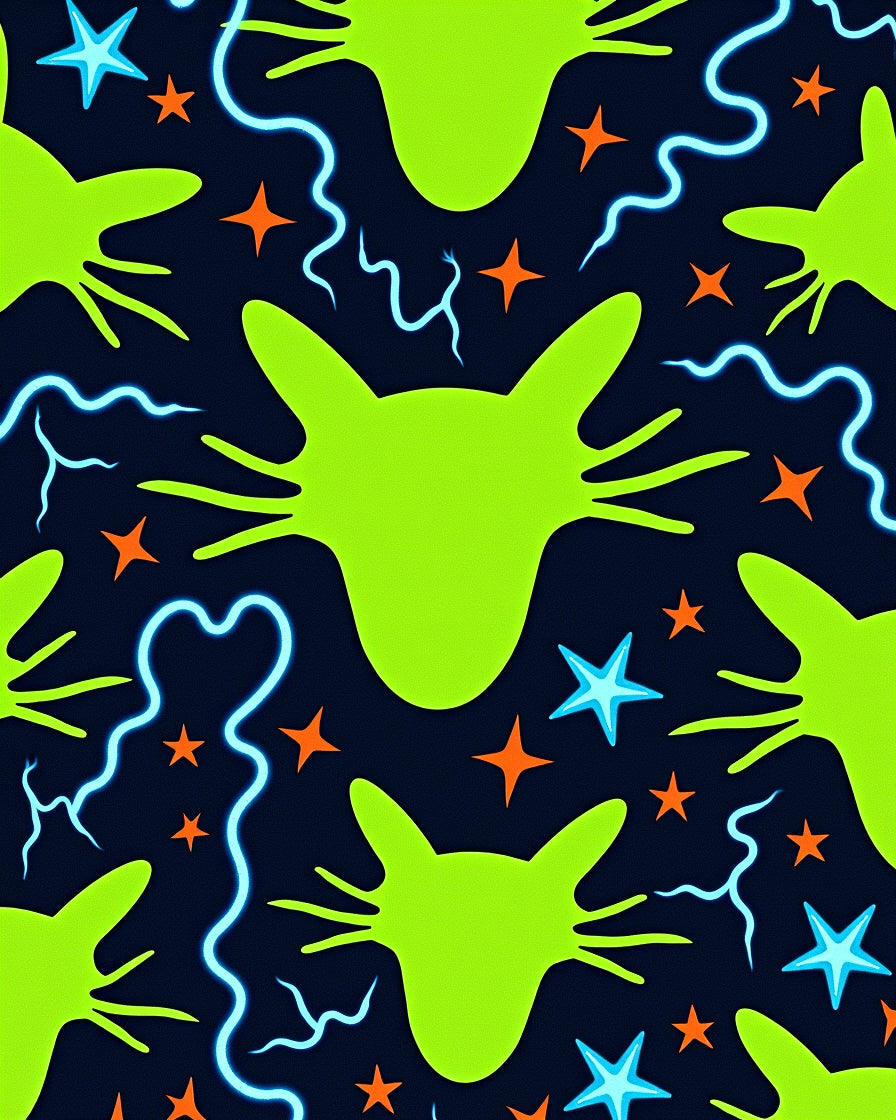 Neon Lime Cat Stars Swirls Rug