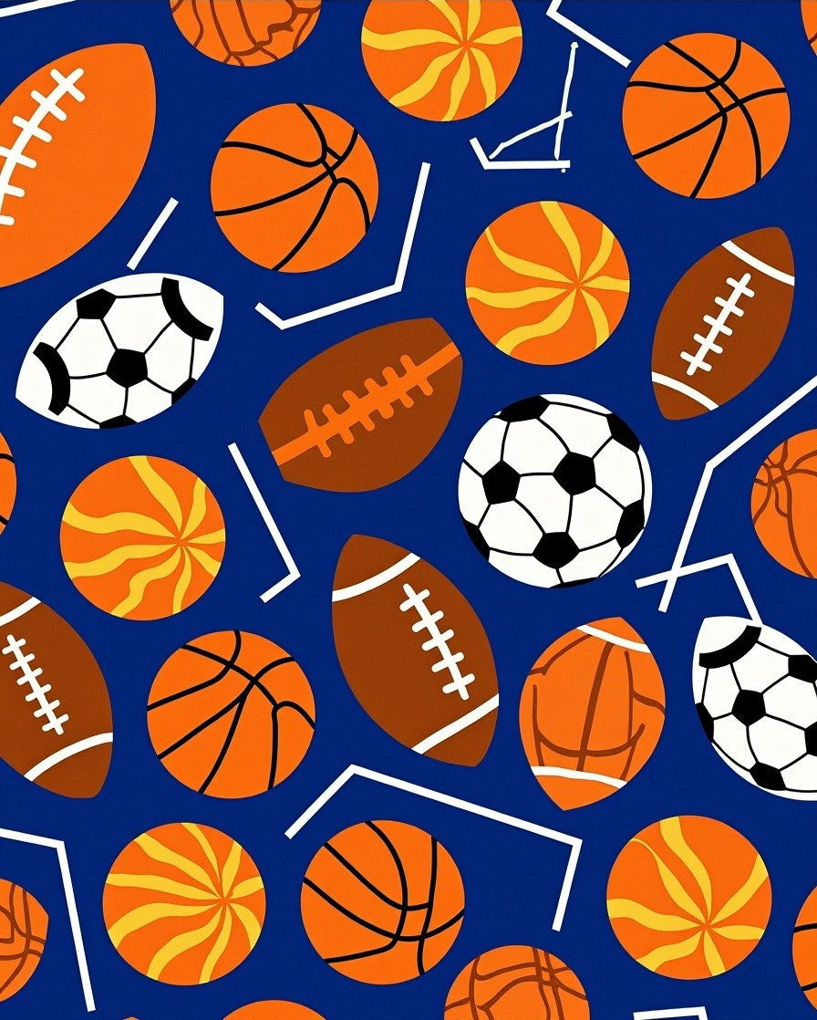 Orange Sports Ball Collage Blue Ground Rug
