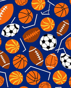 Orange Sports Ball Collage Blue Ground Rug