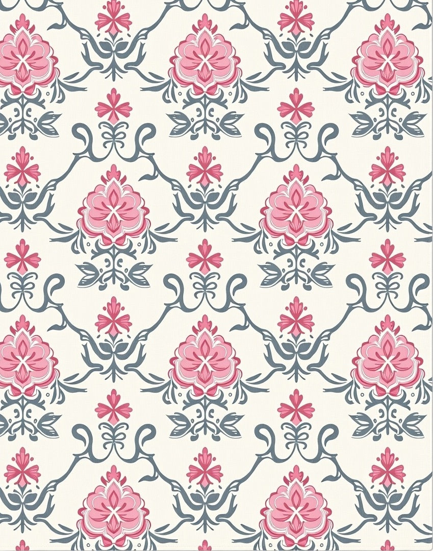 Pink Gray Floral Damask Lattice Rug