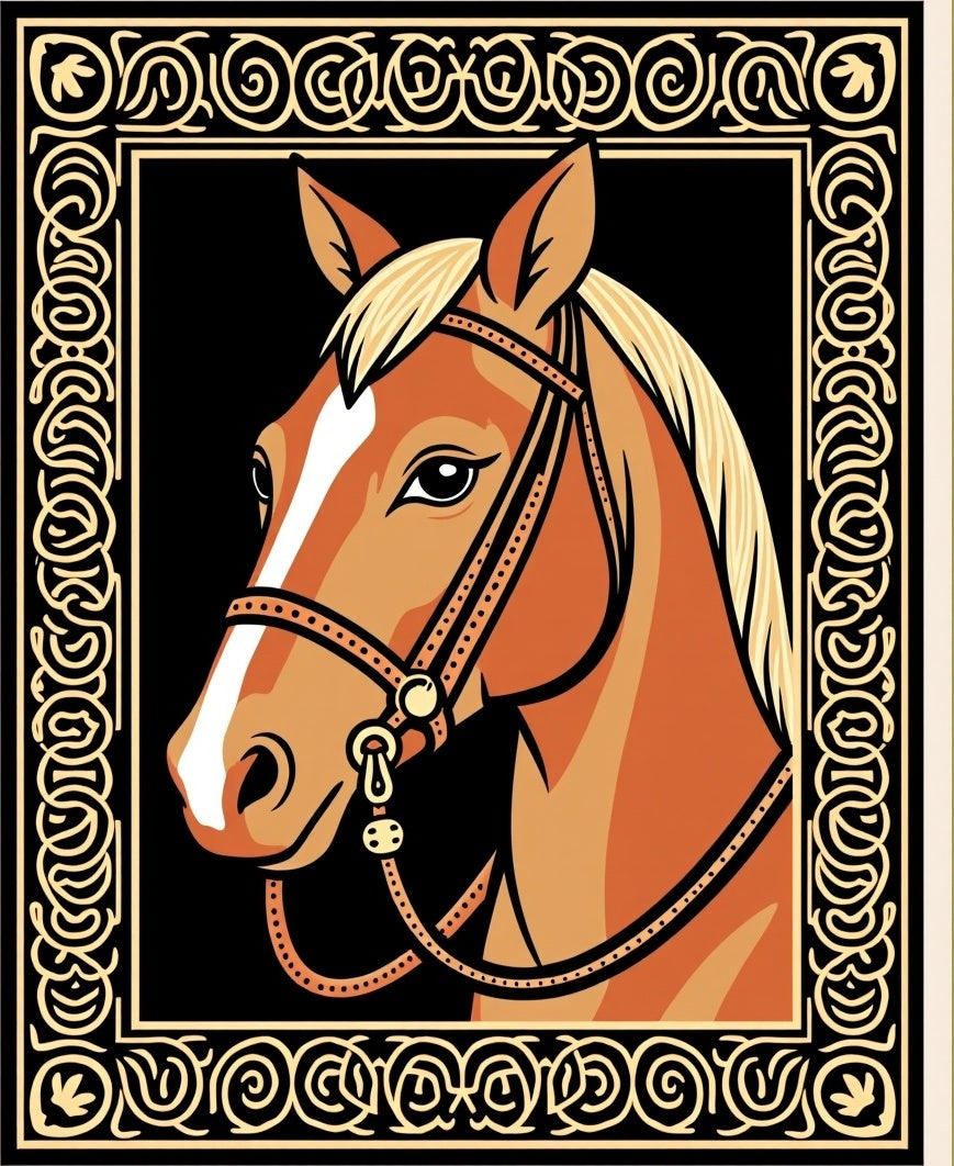 Golden Horse Portrait with Ornate Border Rug