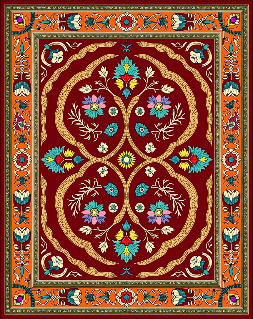 Vibrant Red Floral Arch Medallion Rug