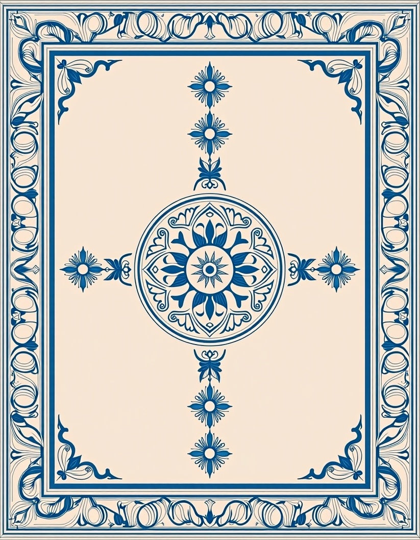 Navy Blue Central Medallion Tile Art Rug
