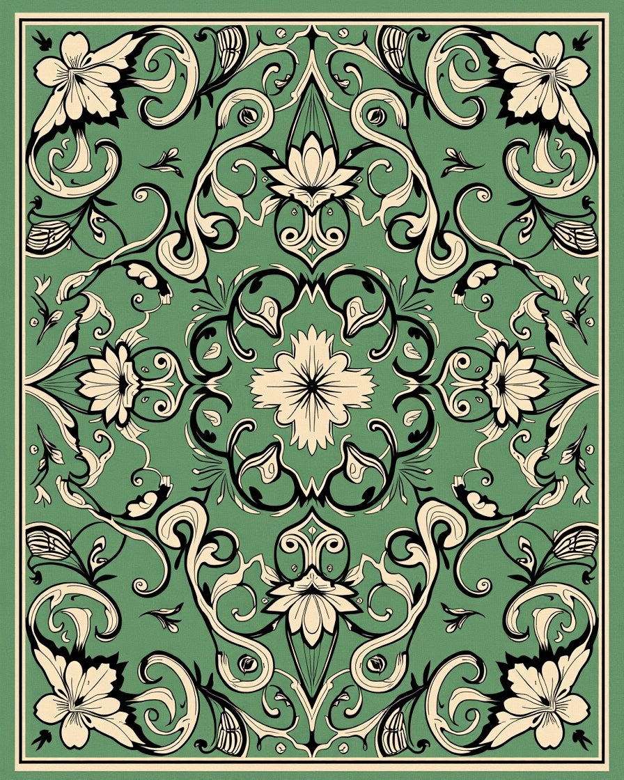 Art Nouveau Green Floral Swirl Rug
