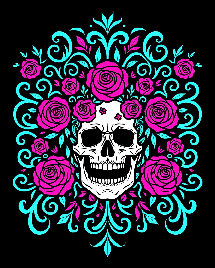 Vibrant Pink Rose Skull Swirls Rug