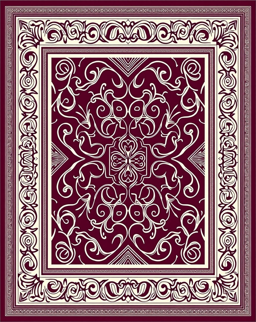Crimson White Swirl Scroll Border Rug