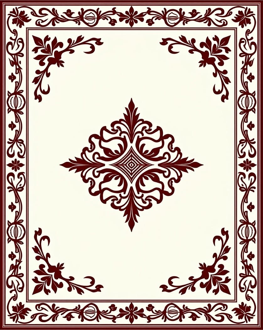 Ornate Burgundy Damask Corner Rug