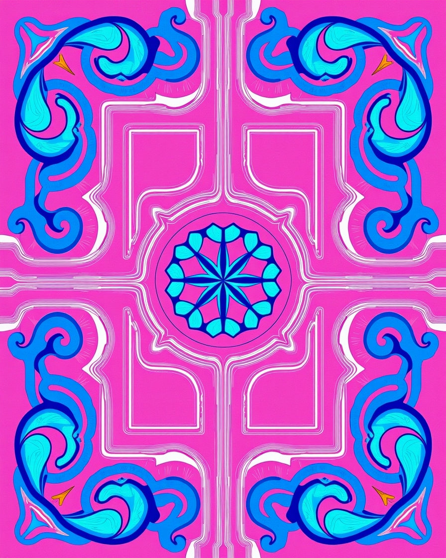 Vibrant Pink Blue Floral Rococo Rug