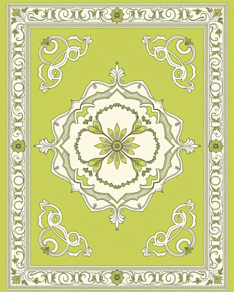 Lime Green Floral Medallion Border Rug