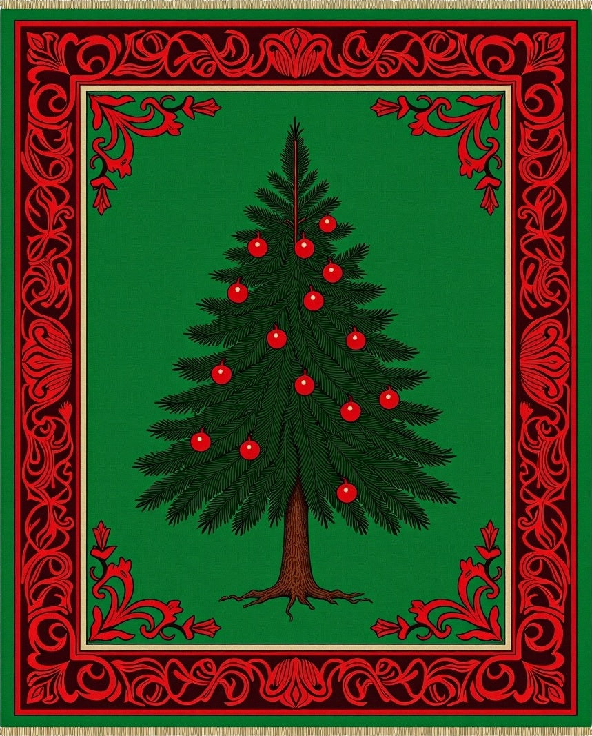 Classic Green Christmas Tree Ornate Rug
