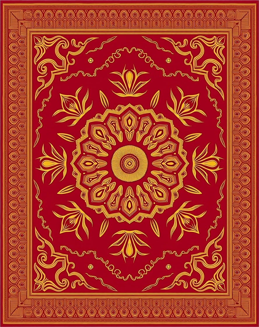 Crimson Golden Floral Medallion Rug