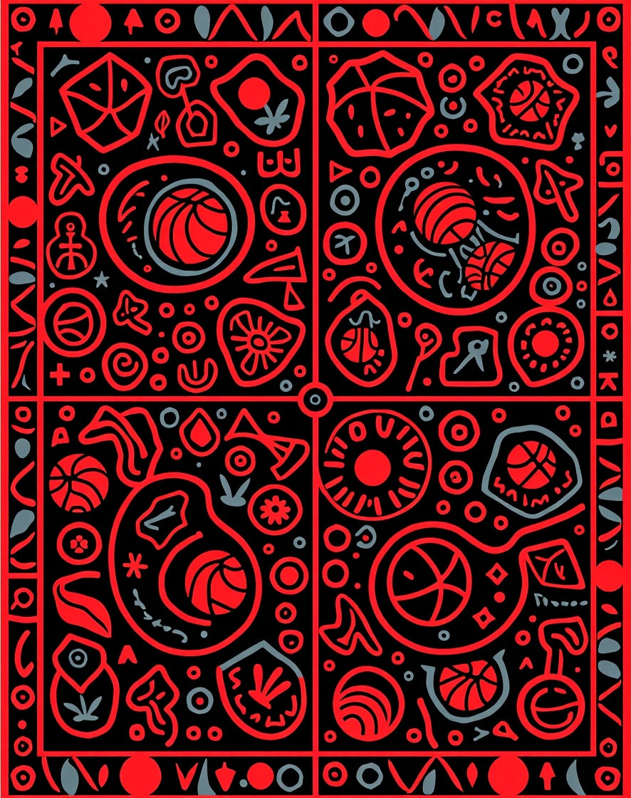 Bright Red Graphic Folk Art Rug