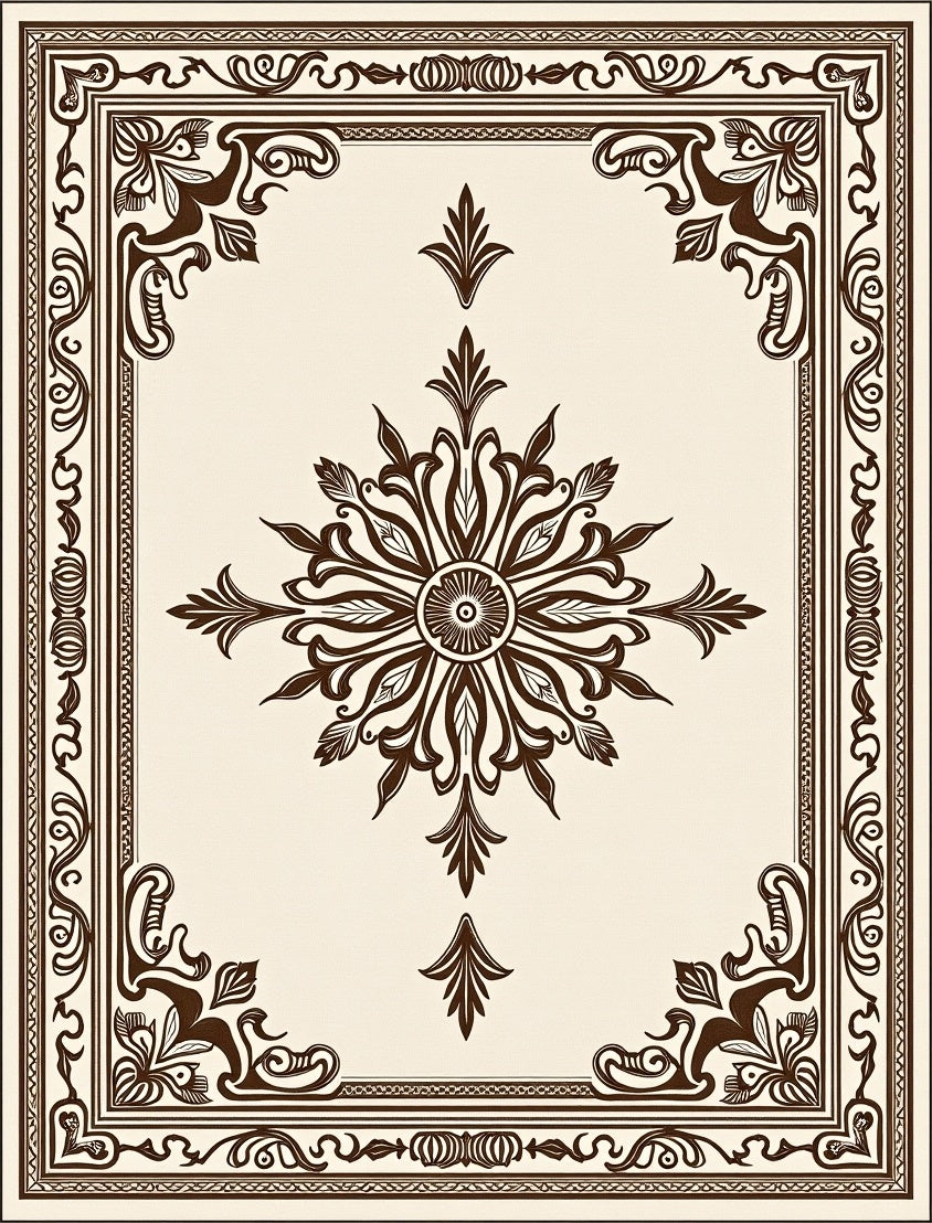 Elegant Cream Dark Brown Floral Medallion Rug