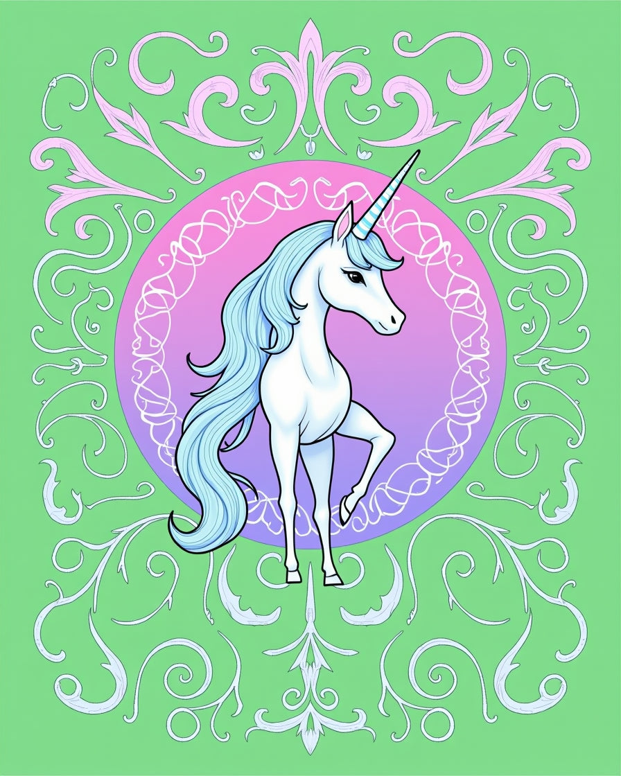 Pastel Unicorn With Whimsical Scrollwork Rug