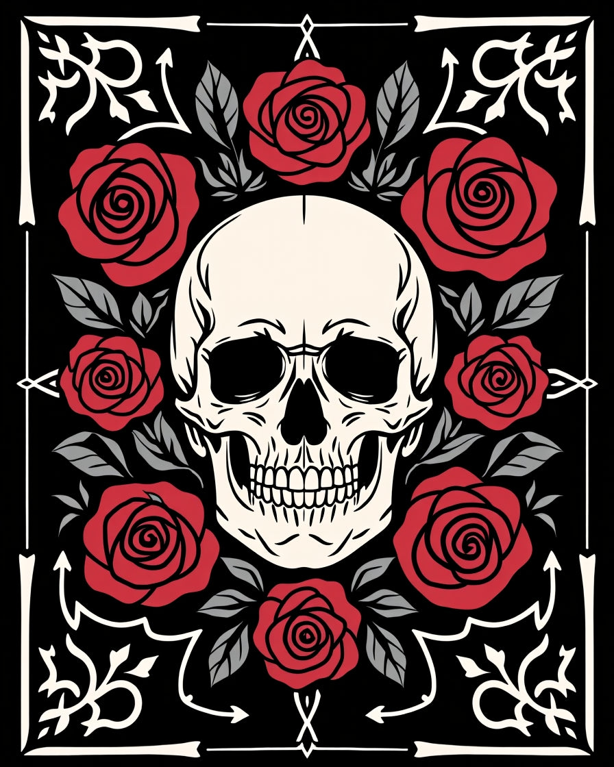 Dark Red Rose Skull Border Rug