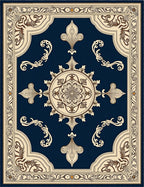 Deep Navy Floral Scroll Medallion Rug