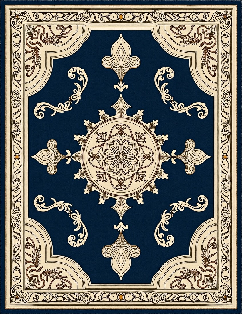 Deep Navy Floral Scroll Medallion Rug