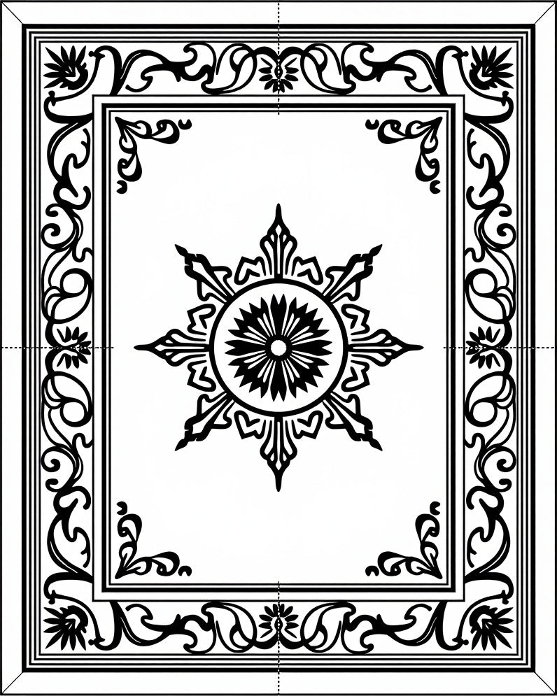 Black White Floral Star Medallion Frame Rug