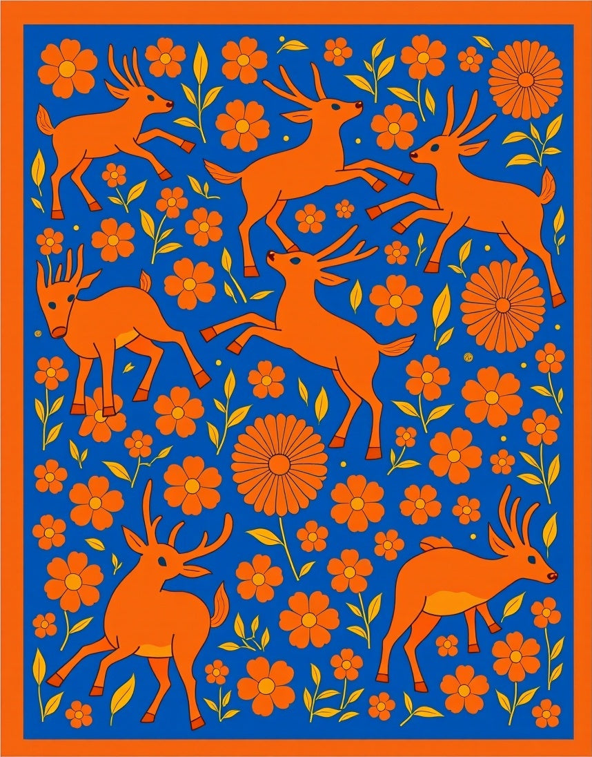 Vibrant Orange Deer Floral Medley Rug