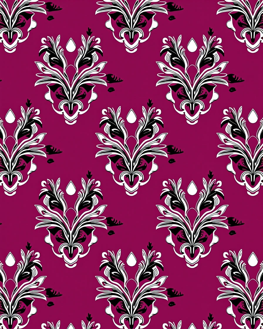 Plum Black and White Floral Damask Rug