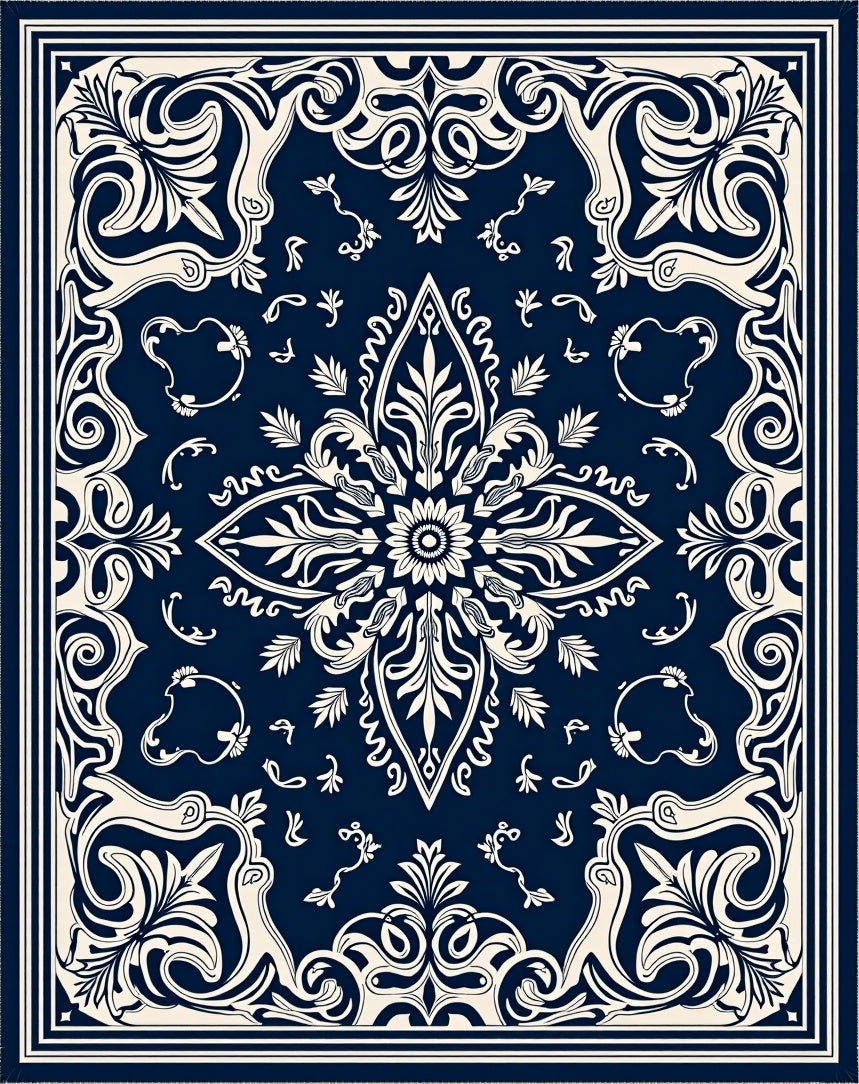 Classic Navy Floral Medallion Mandala Rug
