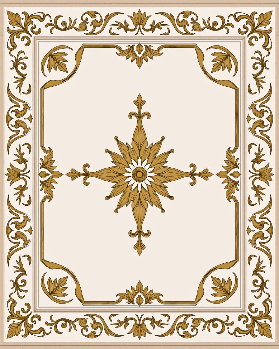 Ornate Gold Floral Medallion Cream Rug