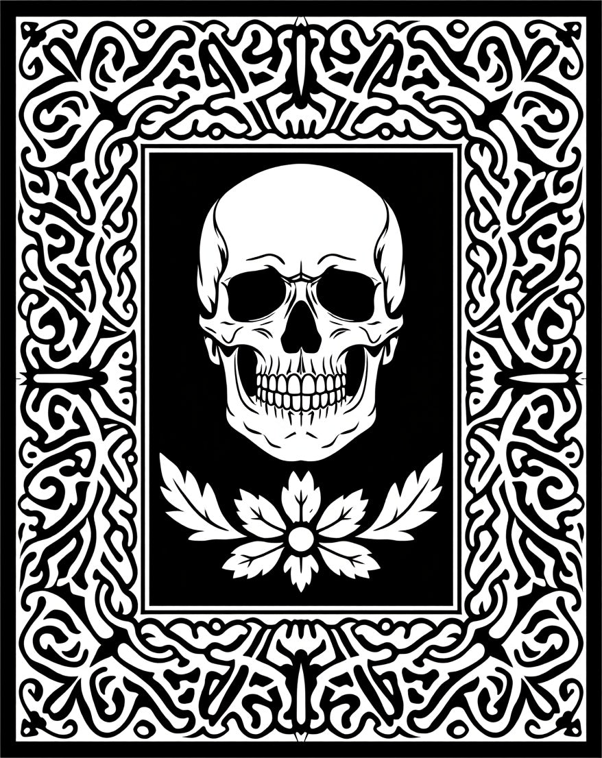 Monochromatic Skull Floral Border Rug