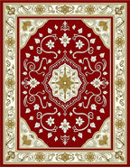 Rich Red Golden Floral Medallion Border Rug