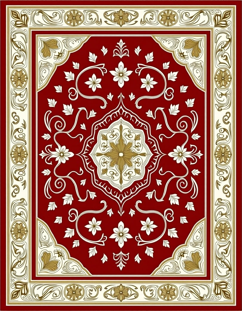 Rich Red Golden Floral Medallion Border Rug