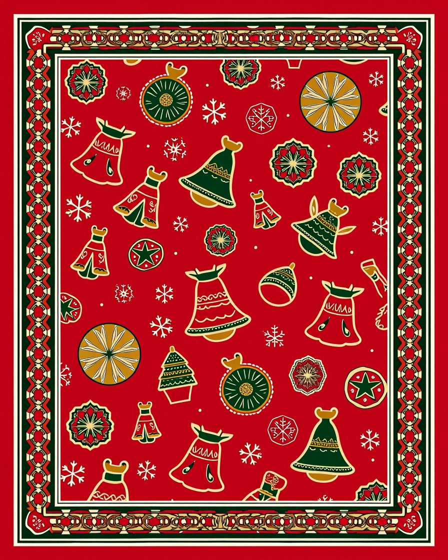 Red Holiday Bell Ornament Tree Snowflakes Rug