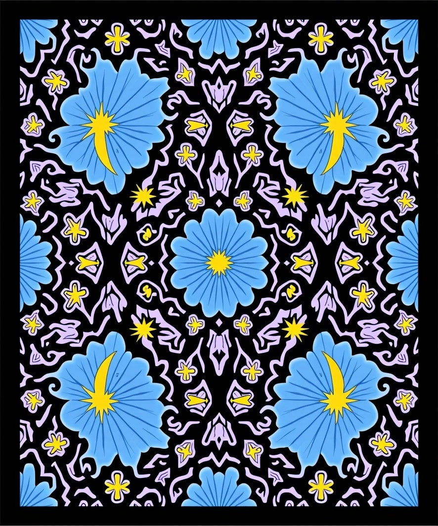 Blue Yellow Floral Black Symmetry Rug
