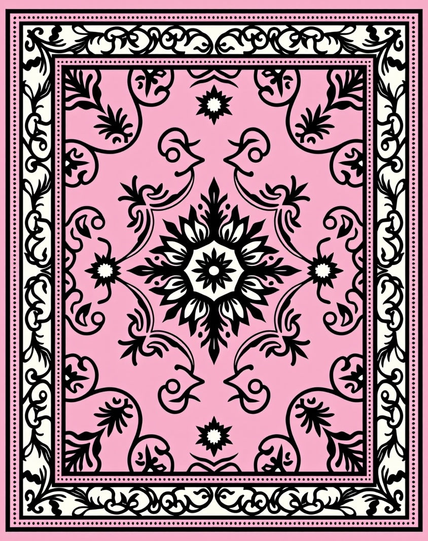 Soft Pink Black Floral Medallion Rug