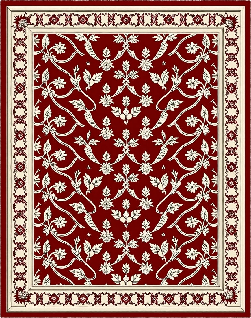 Crimson Cream Floral Vine Border Rug