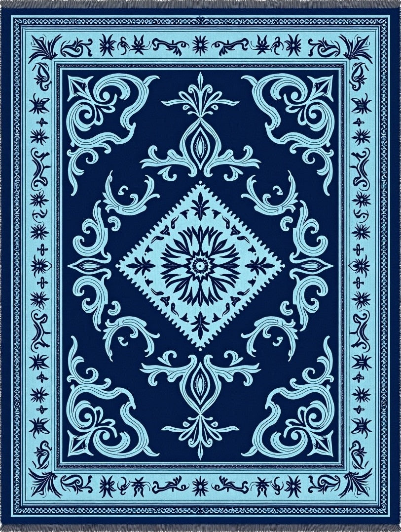 Navy Cyan Vintage Floral Medallion Rug