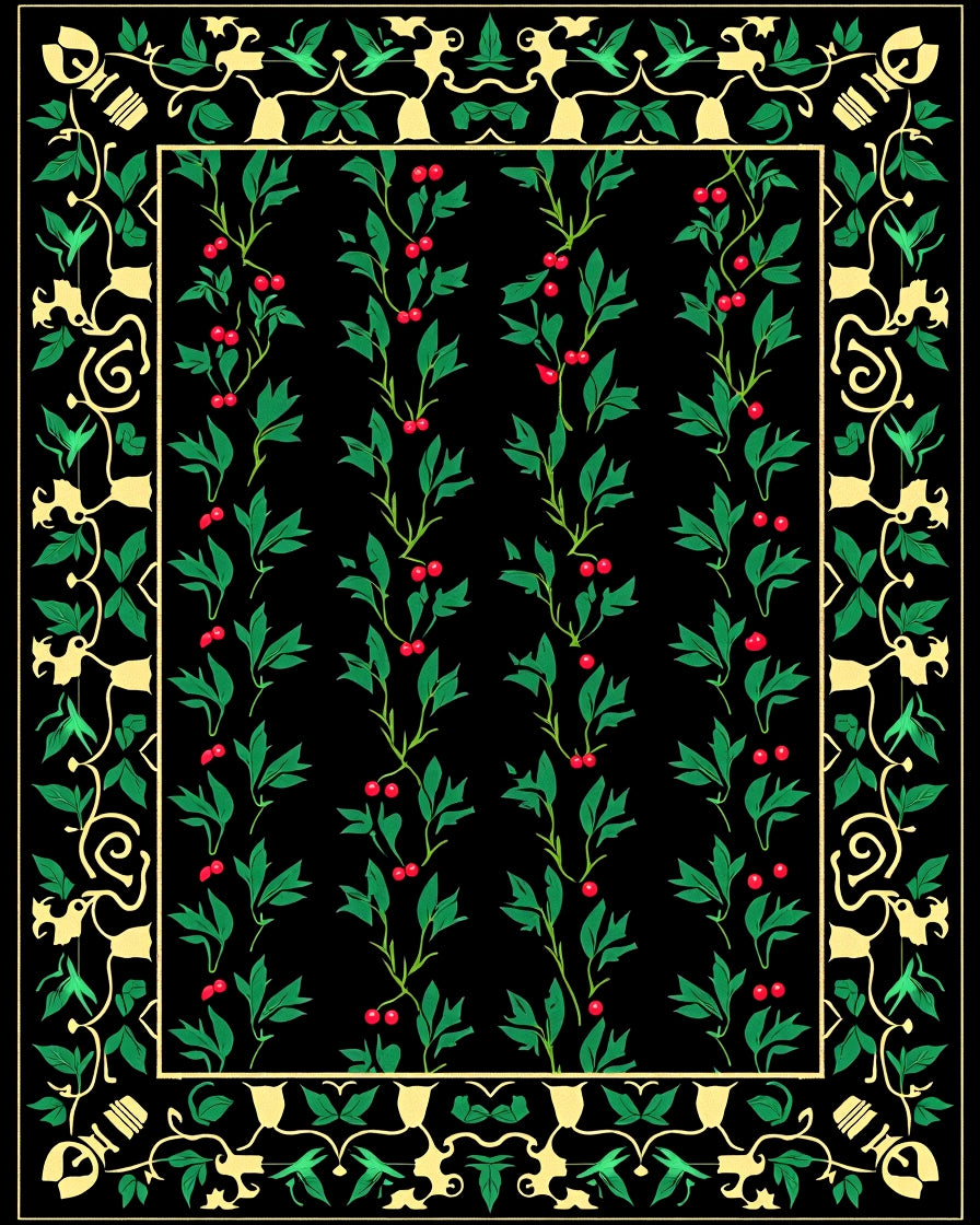 Vibrant Black Botanical Berry Vine Rug