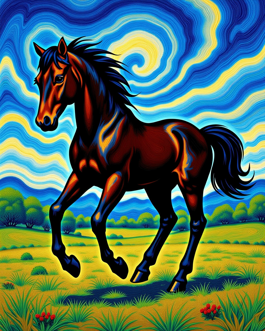 Vibrant Horse Galloping Under Swirling Sky Rug