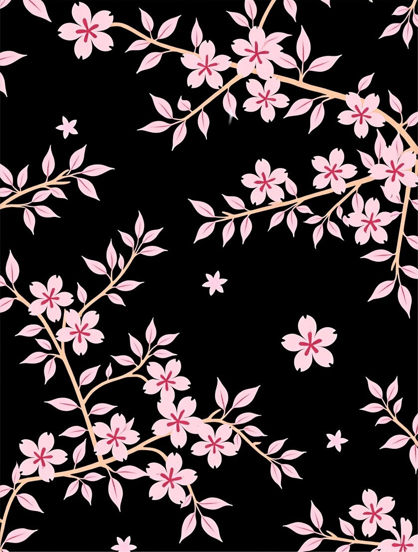 Pink Cherry Blossom Branches Black Rug
