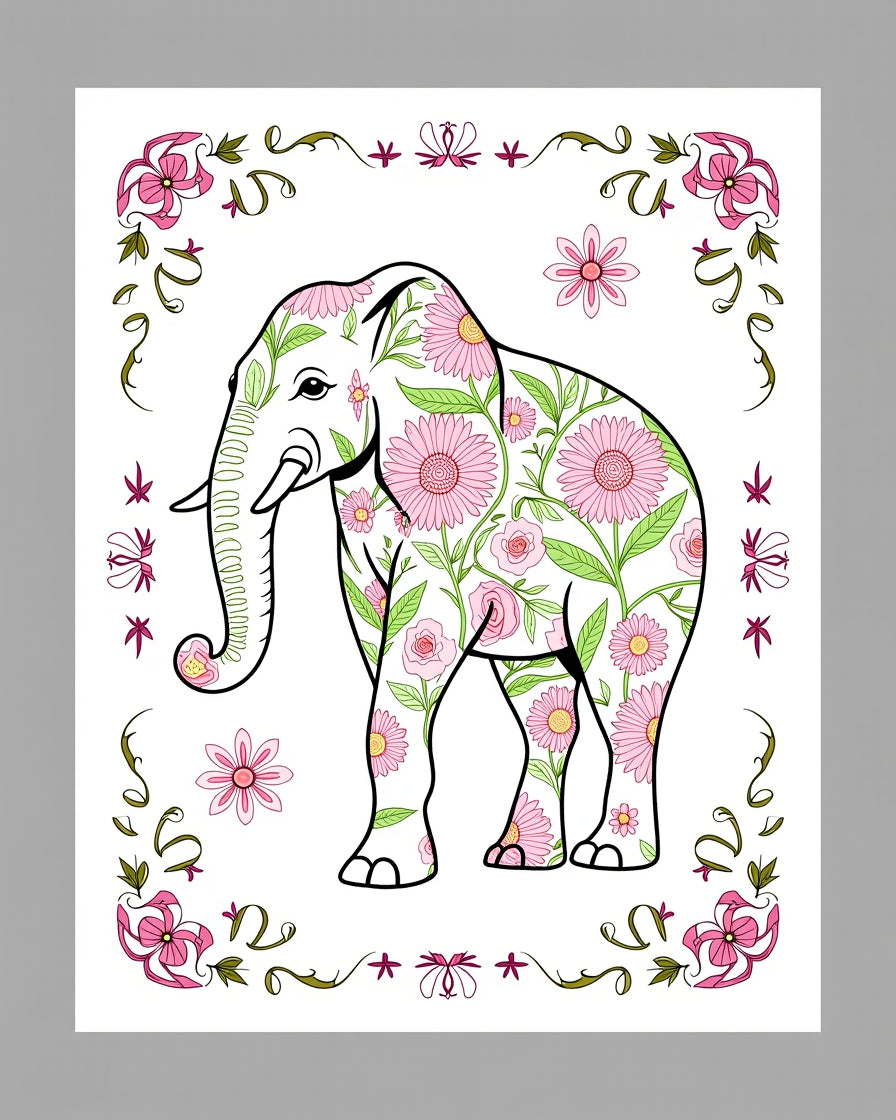 Pink Floral Elephant Whimsical Garden Rug